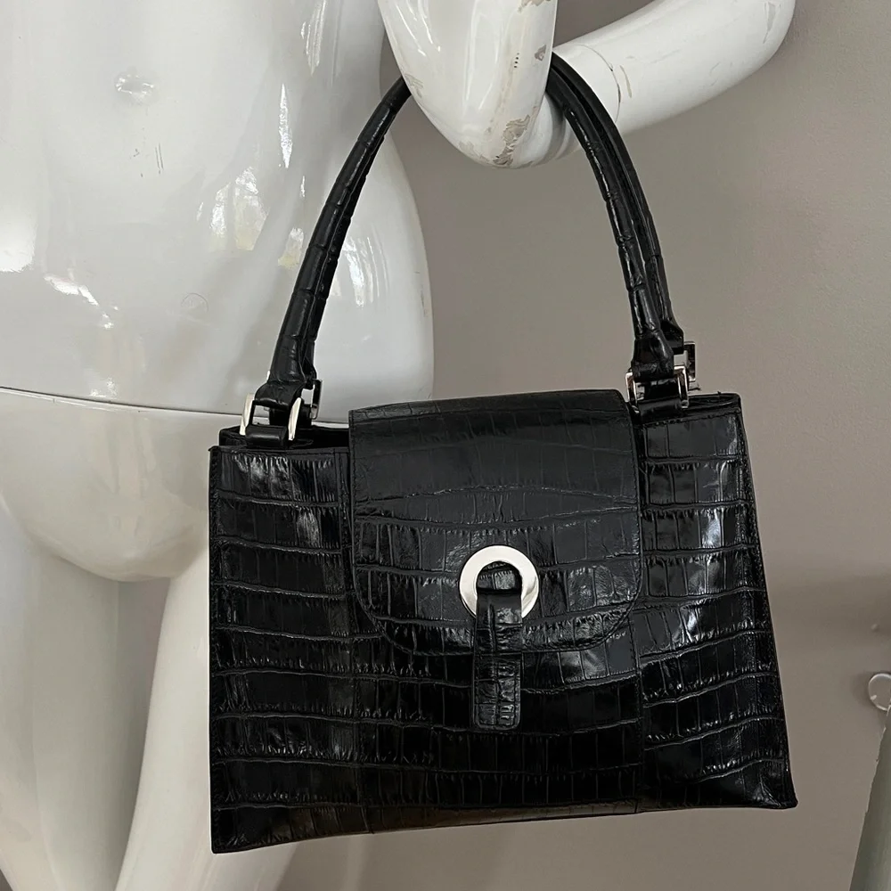 Bloomingdale’s Black Croc Embossed Leather Double Compartment Handbag
